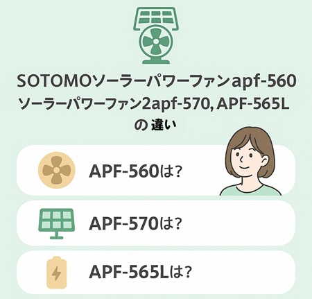 SOTOMOソーラーパワーファンapf-560とソーラーパワーファン2apf-570、APF-565Lの違い