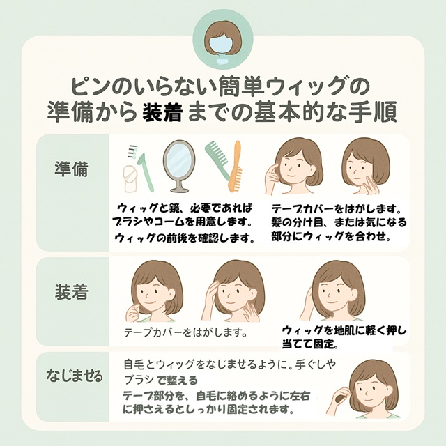 ピンのいらない簡単ウィッグの準備から装着までの基本的な手順