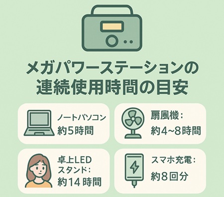 メガパワーステーションの小型家電の連続使用時間の目安