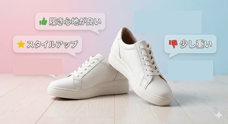 白いフィグリーノ製レザーウェッジスニーカーの周囲に、履き心地やスタイルアップなどの口コミ評価が吹き出しで浮かぶイメージ画像。製品の評判を徹底分析する記事のアイキャッチ。