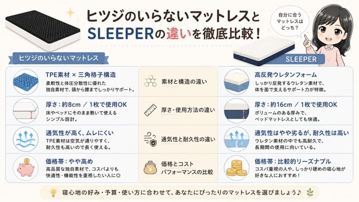 ヒツジのいらないマットレスとSLEEPER（スリーパー）の性能や寝心地の違いを徹底比較した表画像