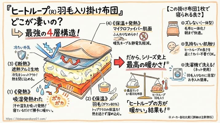 なぜ暖かい？ヒートループ羽毛入り掛け布団の特徴と4層構造の秘密
