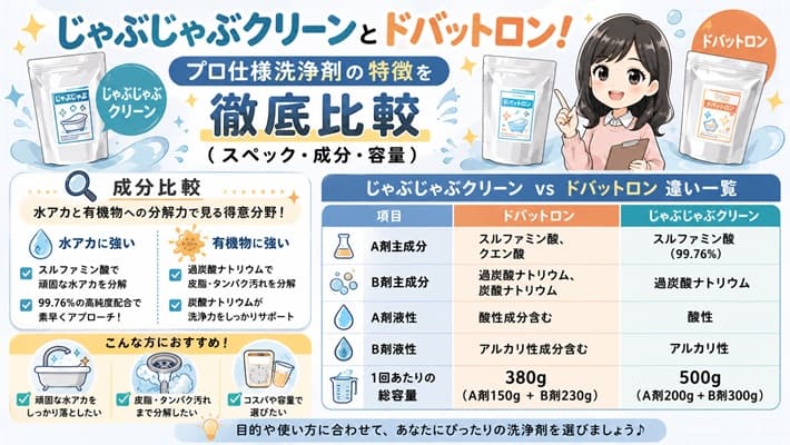 じゃぶじゃぶクリーンとドバットロンの特徴を比較した画像。プロ仕様洗浄剤のスペック、成分、容量を訴求している。