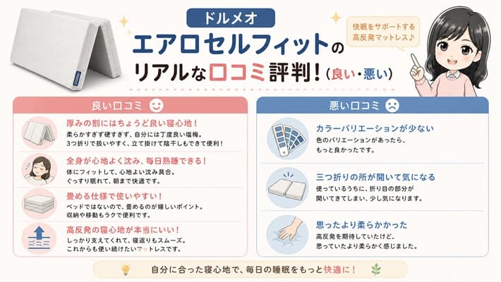 ドルメオ エアロセルフィットの高反発マットレスを実際に使用した人の良い口コミと悪い評判のまとめ