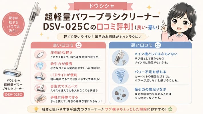 ドウシシャの超軽量パワーブラシクリーナーDSV-025C。片手で軽々と持ち上がる本体と、フローリングのゴミを照らすLEDライトの利便性を伝える比較イメージ。