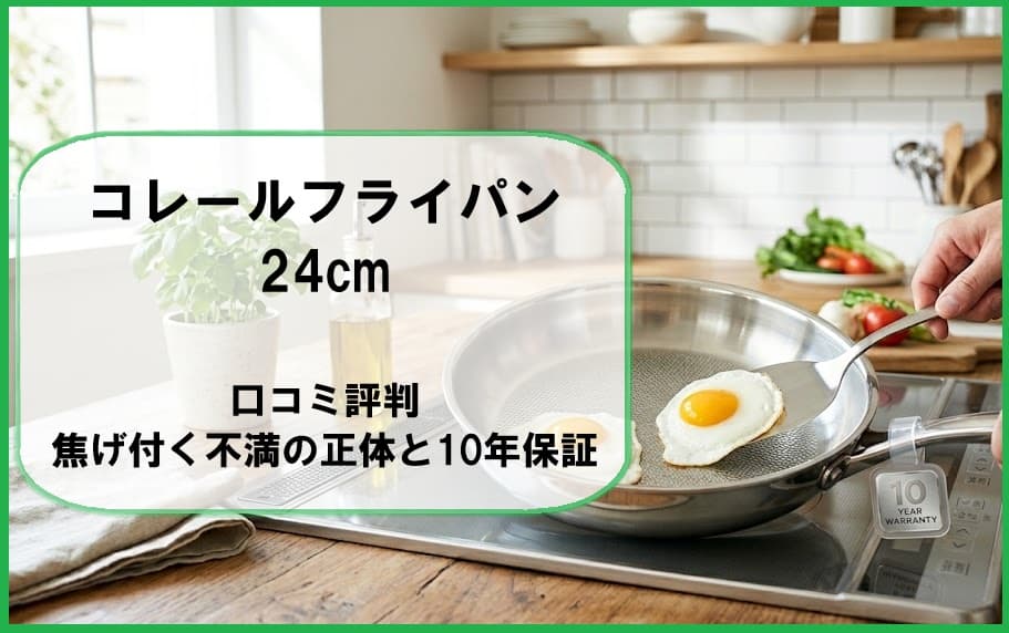 光沢のあるコレールフライパン24cmの製品画像。表面の凹凸加工と10年保証を象徴する清潔感のあるキッチンでの調理風景。焦げ付きへの不安を解消し、信頼性を伝える構図。
