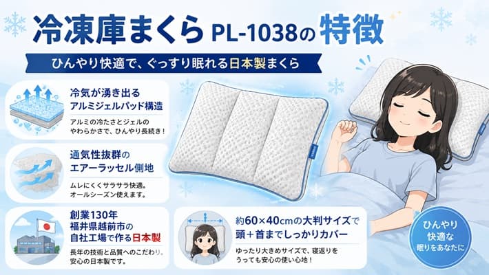 冷凍庫まくらPL-1038の画像。製品が持つ4つの主な特徴や冷却メリットを分かりやすく紹介する記事の見出し用画像
