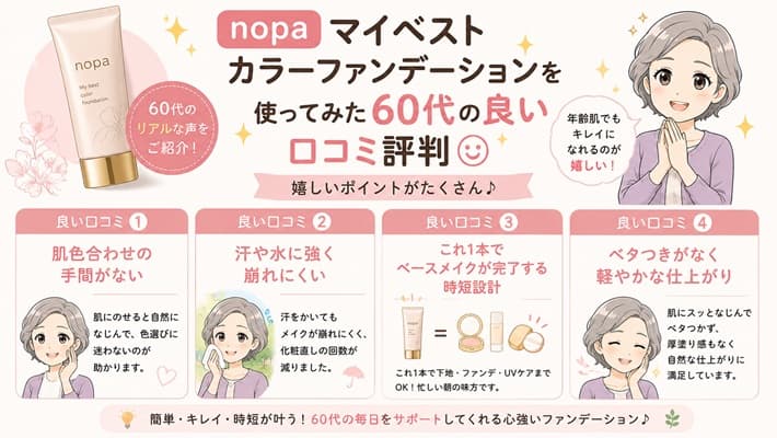 nopaファンデーションを手にする60代女性の明るい手元。白いクリームが肌色に馴染み、自然にカバーして上品なツヤ肌に仕上がっている様子。