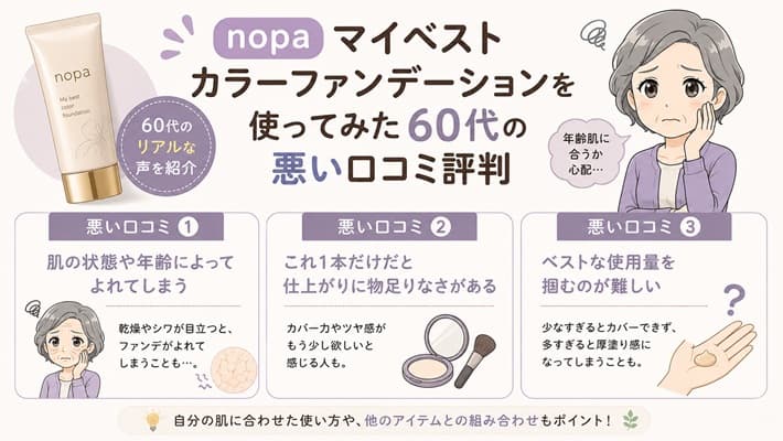 nopaマイベストカラーファンデーションを手にする女性の手元。60代特有のシミ・シワへのカバー力や悪い口コミの真相を検証する記事のアイキャッチ