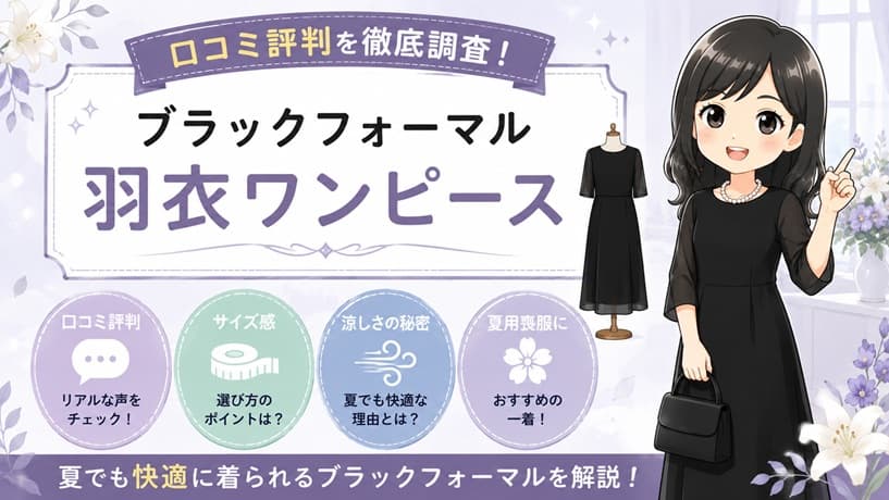 涼しげな黒の夏用喪服「ブラックフォーマル羽衣ワンピース」の着用イメージ。上品な光沢のガラスパールネックレスを合わせた、40代50代女性の体型カバーと品格を両立するエレガントな着こなしの構図