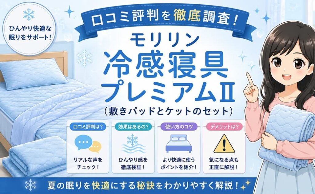 モリリンひんやり冷感寝具プレミアムIIの涼しげな商品イメージ。口コミ評判や効果なしという噂の真相、使い方やデメリットを解説するブログ記事のアイキャッチ画像。