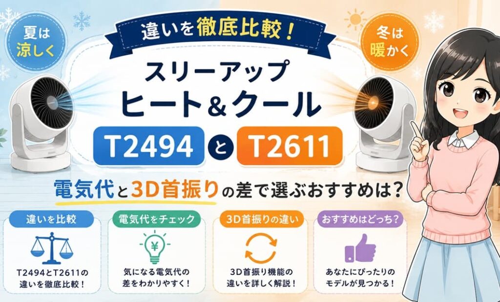 スリーアップのヒート&クールHC-T2494と上位モデルHC-T2611を並べた比較画像。電気代の差や3D首振りのメリットを視覚的に伝え、購入を迷う読者が自分に合うモデルを判断できることを示すアイキャッチ。