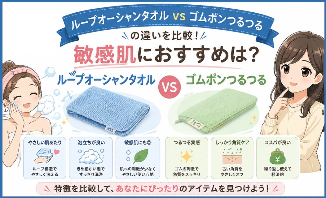 ループオーシャンタオルとゴムポンつるつるの2つのピーリングタオルを並べて比較し、どちらが敏感肌におすすめかを選ぶためのアイキャッチ画像