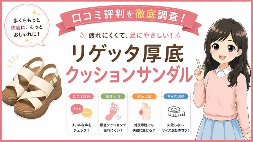 リゲッタ厚底クッションサンダルの大人の女性らしい上品なデザイン。外反母趾や幅広の足でも履きやすいサイズ選びや、立体インソールによる歩きやすさの口コミ評判を伝える記事のアイキャッチ画像。