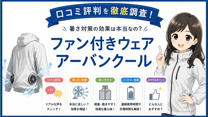 ファン付きウェア「アーバンクール」の着用イメージ画像。涼しげな表情でお出かけや家事をこなす女性の様子と、暑さ対策の効果やリアルな口コミ評判を検証する記事の文脈を表現したアイキャッチ