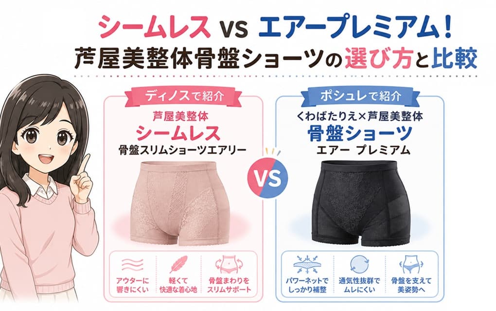 芦屋美整体の骨盤ショーツ「シームレス」と「エアープレミアム」を比較したアイキャッチ画像。それぞれの特徴や選び方をわかりやすく紹介する記事のイメージイラスト