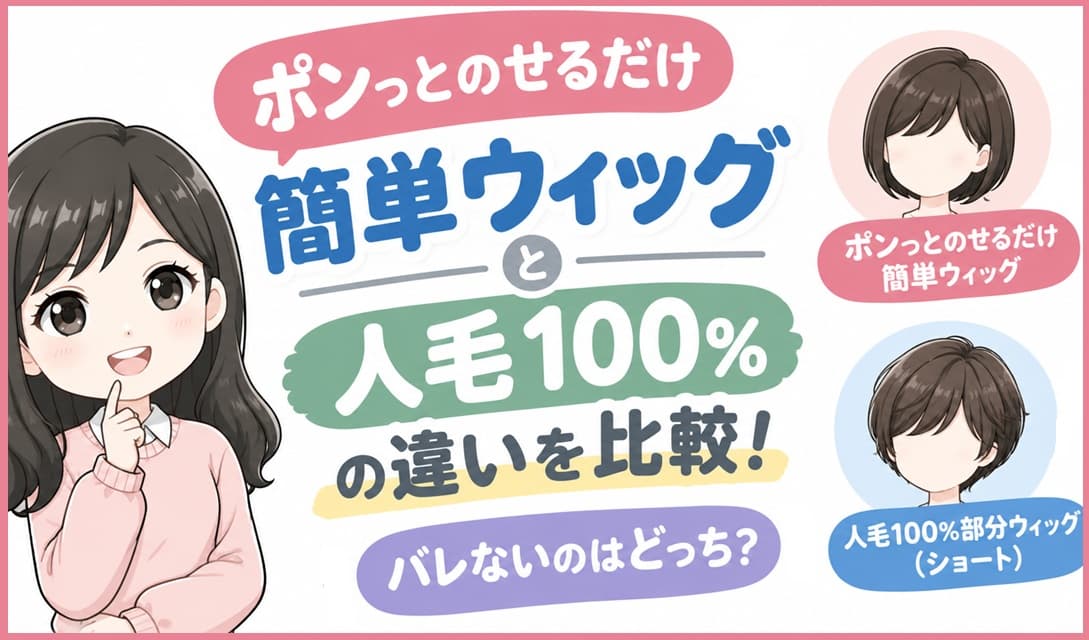「ポンっとのせるだけ簡単ウィッグ」と「人毛100％部分ウィッグ」のふたつを並べ、見た目の自然さやバレにくさの違いを比較するアイキャッチ画像